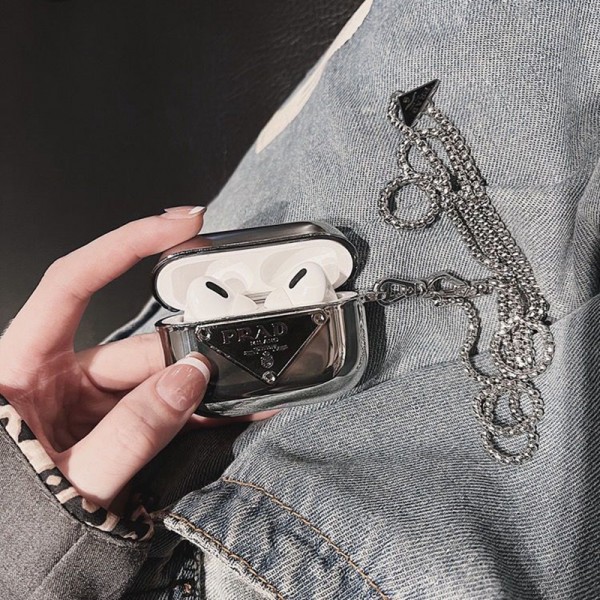 Prada プラダブランド Airpods Pro3/4/3/Pro2ケース 保護 エアーポッズ 第四世代ケース 便利 カラビナ付きブランド Airpods Pro3/Pro2/3 4メンズ レディースairpods Pro3/pro2/4 3ケース ストラップ付き
