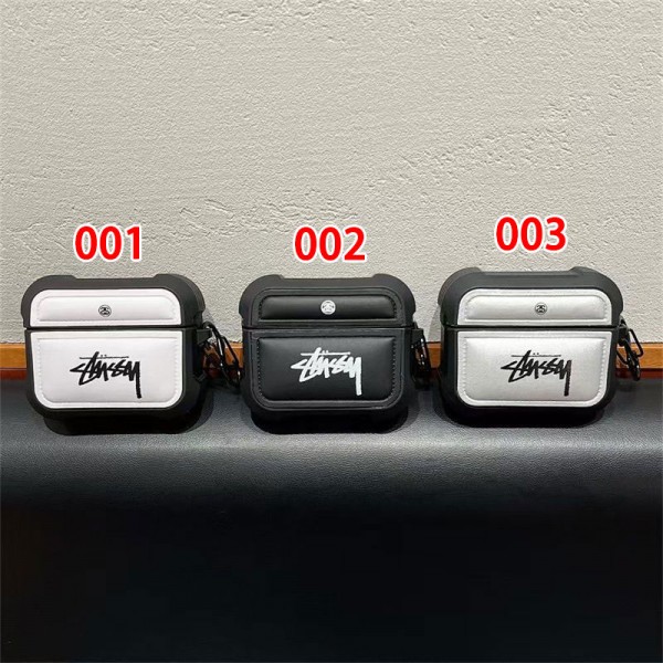 Stussy ステューシーブランド Airpods 4/3/Pro2ケース 保護 エアーポッズ 第四世代ケース 便利 カラビナ付きairpods 4 pro2ケース シリコンairpods pro2/4 3ケース ストラップ付き