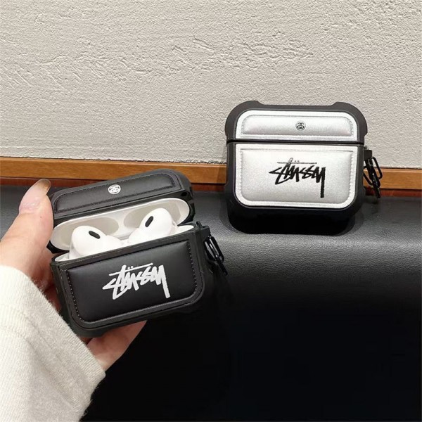 Stussy ステューシーブランド Airpods 4/3/Pro2ケース 保護 エアーポッズ 第四世代ケース 便利 カラビナ付きairpods 4 pro2ケース シリコンairpods pro2/4 3ケース ストラップ付き