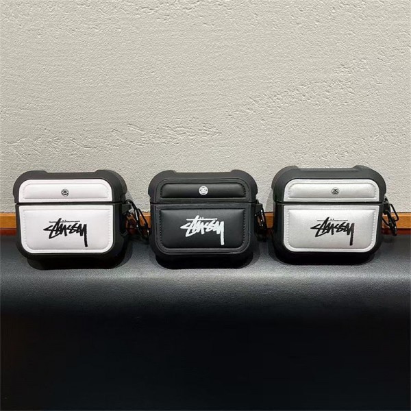 Stussy ステューシーブランド Airpods 4/3/Pro2ケース 保護 エアーポッズ 第四世代ケース 便利 カラビナ付きairpods 4 pro2ケース シリコンairpods pro2/4 3ケース ストラップ付き