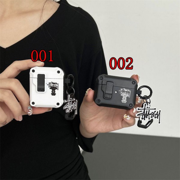 Stussy ステューシーブランド Airpods Pro3/4/3/Pro2ケース 保護 エアーポッズ 第四世代ケース 便利 カラビナ付き軽量 エアーポッズ プロ3/4/プロ2/3カバー 紛失防止ブランド Airpods Pro3/Pro2/3 4メンズ レディース